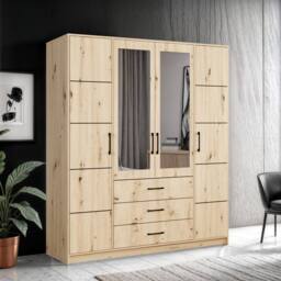 Sliding Wardrobes 4U Modern Four Door Hinged Wardrobe with Mirror 200cm x 200cm in Natural - Size: 200 cm x 200 cm