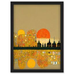 Artery8 Klimt Inspired Autumn Sunset City Skyline Patterns Artwork Framed Wall Art Print A4 in Black - thumbnail 1