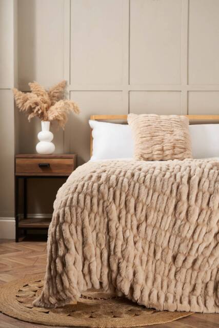 BHS Ruched Faux Fur Throw in Beige - image 1