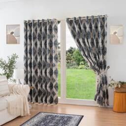 Luxury Living Luxury Diamond Jacquard Metallic Fully Lined Ring Top Curtains in Charcoal - Size: 168 cm width x 137 cm drop