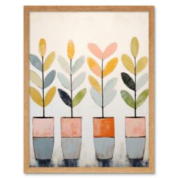 "Artery8 Wall Art Print Plant Pots Simple Pastel Colour Oil Painting Bright Pink Green Blue Boho Artwork Art Framed in Light Oak - Size: W12"" x H16""" - thumbnail 1