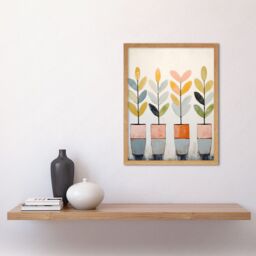 "Artery8 Wall Art Print Plant Pots Simple Pastel Colour Oil Painting Bright Pink Green Blue Boho Artwork Art Framed in Light Oak - Size: W12"" x H16""" - thumbnail 2