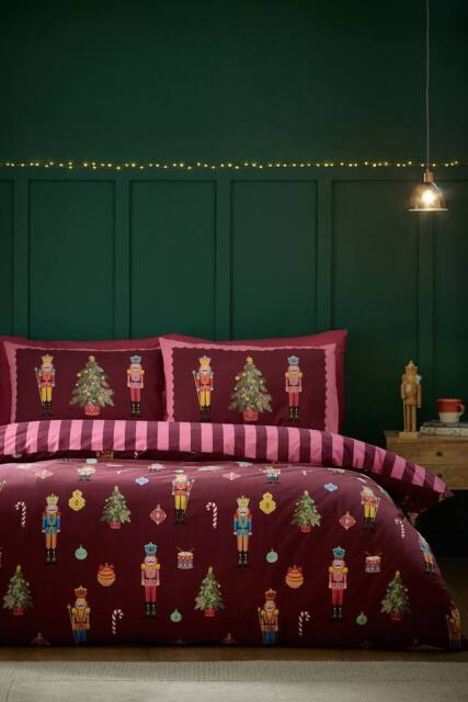Catherine Lansfield 'Christmas Nutcracker Stripe' Reversible Duvet Cover Set in Plum - Size: King - image 1