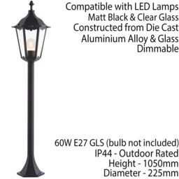 Loops Outdoor Lamp Post Lantern Bollard Light Matt Black & Glass 1m Tall Garden LED - thumbnail 2