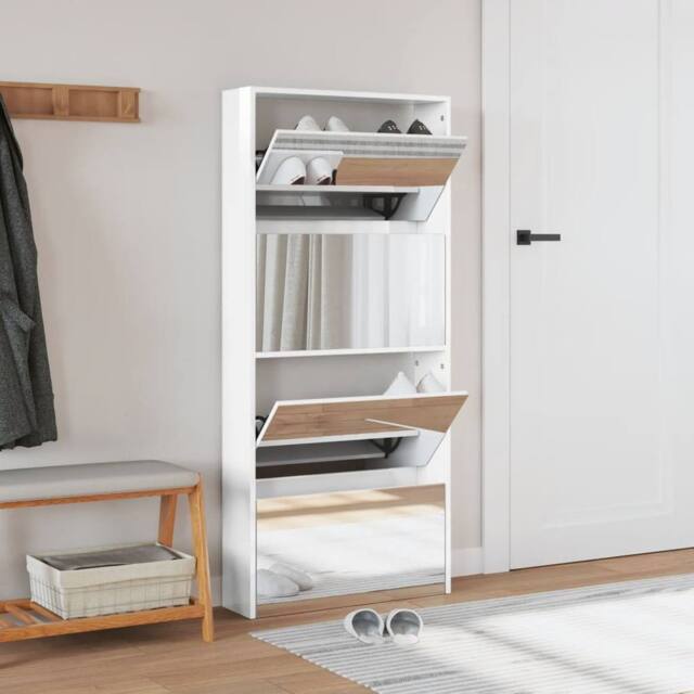 Berkfield Home Shoe Cabinet with Mirror 4-Layer High Gloss White 63x17x134 cm - Size: 63 x 17 x 134 cm - image 1