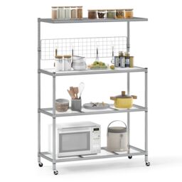Gymax Bakers Rack With Wheels 4-Tier Metal Bar Table With Adjustable Shelves in Silver - thumbnail 1