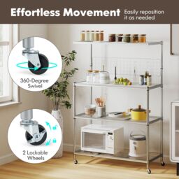 Gymax Bakers Rack With Wheels 4-Tier Metal Bar Table With Adjustable Shelves in Silver - thumbnail 4