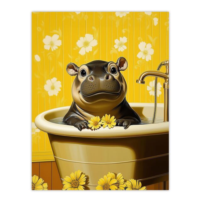 "Artery8 Cute Pygmy Hippo Bath Time Yellow Daisy Bathroom Wall Art Print - Size: W18"" x H24""" - image 1