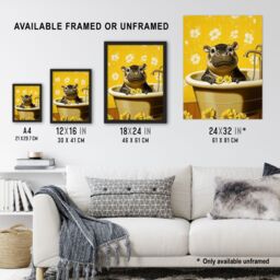 "Artery8 Cute Pygmy Hippo Bath Time Yellow Daisy Bathroom Wall Art Print - Size: W18"" x H24""" - thumbnail 3