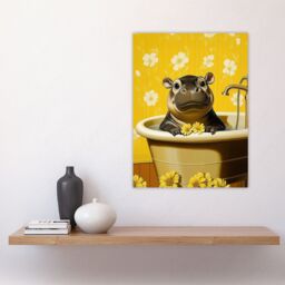 "Artery8 Cute Pygmy Hippo Bath Time Yellow Daisy Bathroom Wall Art Print - Size: W18"" x H24""" - thumbnail 4