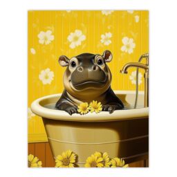 "Artery8 Cute Pygmy Hippo Bath Time Yellow Daisy Bathroom Wall Art Print - Size: W18"" x H24""" - thumbnail 1