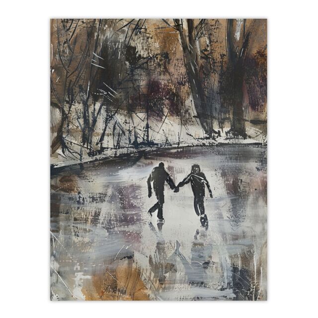 "Artery8 Skaters on Frozen Lake Artwork Winter Dark Ice Wall Art Print in Grey - Size: W24"" x H32""" - image 1