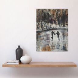 "Artery8 Skaters on Frozen Lake Artwork Winter Dark Ice Wall Art Print in Grey - Size: W24"" x H32""" - thumbnail 4