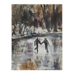 "Artery8 Skaters on Frozen Lake Artwork Winter Dark Ice Wall Art Print in Grey - Size: W24"" x H32""" - thumbnail 1