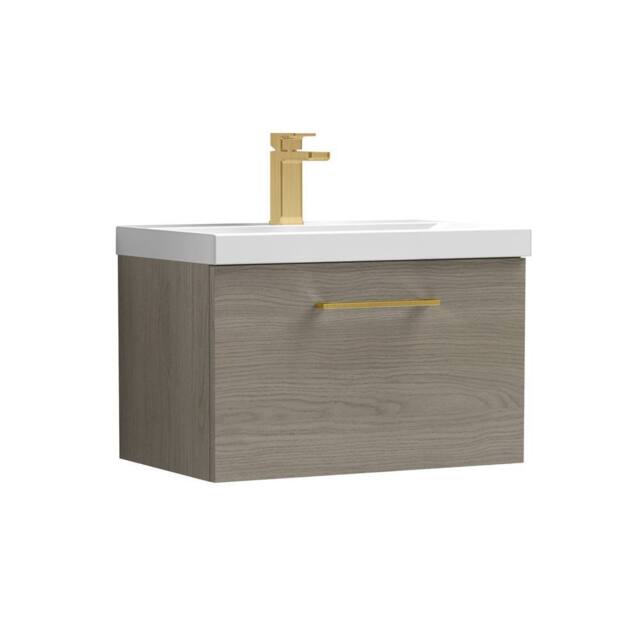 Balterley 600mm Wall Hung 1 Drawer Vanity Basin Unit, Mid Oak, Brass Handle in Brown - image 1