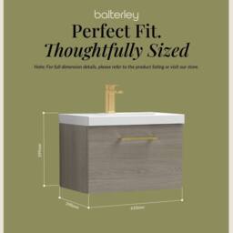 Balterley 600mm Wall Hung 1 Drawer Vanity Basin Unit, Mid Oak, Brass Handle in Brown - thumbnail 5