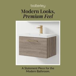 Balterley 600mm Wall Hung 1 Drawer Vanity Basin Unit, Mid Oak, Brass Handle in Brown - thumbnail 7