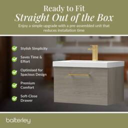 Balterley 600mm Wall Hung 1 Drawer Vanity Basin Unit, Mid Oak, Brass Handle in Brown - thumbnail 4