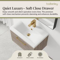 Balterley 600mm Wall Hung 1 Drawer Vanity Basin Unit, Mid Oak, Brass Handle in Brown - thumbnail 3