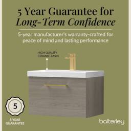Balterley 600mm Wall Hung 1 Drawer Vanity Basin Unit, Mid Oak, Brass Handle in Brown - thumbnail 6