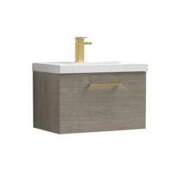 Balterley 600mm Wall Hung 1 Drawer Vanity Basin Unit, Mid Oak, Brass Handle in Brown