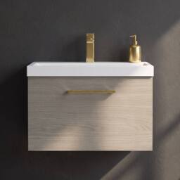 Balterley 600mm Wall Hung 1 Drawer Vanity Basin Unit, Mid Oak, Brass Handle in Brown - thumbnail 9