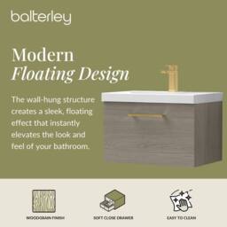 Balterley 600mm Wall Hung 1 Drawer Vanity Basin Unit, Mid Oak, Brass Handle in Brown - thumbnail 2
