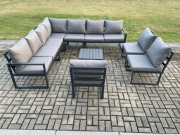 Fimous 10 Seater Patio Outdoor Garden Furniture Aluminium Lounge Corner Sofa Set with Square Coffee Table Dark Grey - thumbnail 2