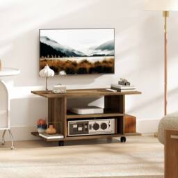 HOMCOM Modern TV Cabinet Stand Storage Shelves Table Mobile Walnut - thumbnail 1
