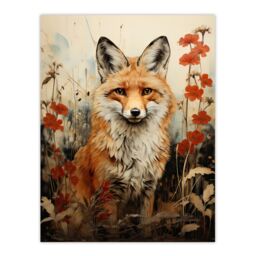 Artery8 Wall Art Print Red Fox w/ Wildflowers Watercolour Painting Amber Cream Grey Woodland Creature in Autumn Field Floral Animal Portrait Poster - thumbnail 1