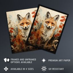 Artery8 Wall Art Print Red Fox w/ Wildflowers Watercolour Painting Amber Cream Grey Woodland Creature in Autumn Field Floral Animal Portrait Poster - thumbnail 2