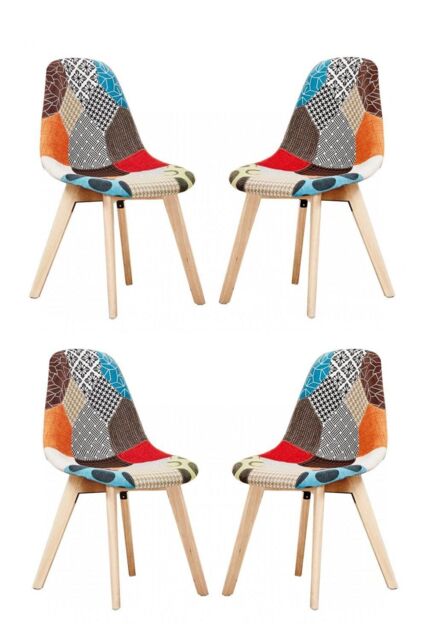 Life Interiors Set of 4 Patchwork Fabric Dining Chairs with Wooden Legs, Mid-Century Modern Accent Chair - image 1