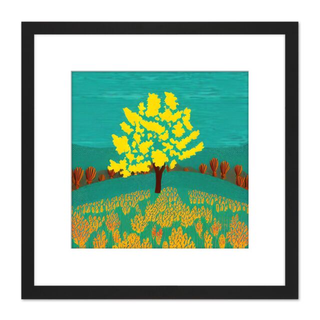 Artery8 Bright Yellow Tree On Turquoise Hill Modern Autumn Illustration Square Wooden Framed Wall Art Print Picture 8X8 Inch in Black - image 1