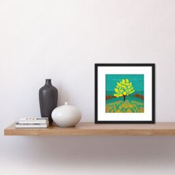 Artery8 Bright Yellow Tree On Turquoise Hill Modern Autumn Illustration Square Wooden Framed Wall Art Print Picture 8X8 Inch in Black - thumbnail 2
