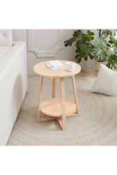 Living and Home 2-Tier Round Wooden Coffee Side Table，50cm Wx 50cm D x 50cm H in Natural - Size: 50 cm Wx 50 cm D x 50 cm H - thumbnail 2
