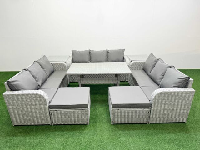 Fimous PE Rattan Lounge Sofa Set 11 Seater Outdoor Garden Furniture Set w/ Rectangular Dining Table 3 Seater Sofa 2 Big Footstools 2 Side Table Light - image 1