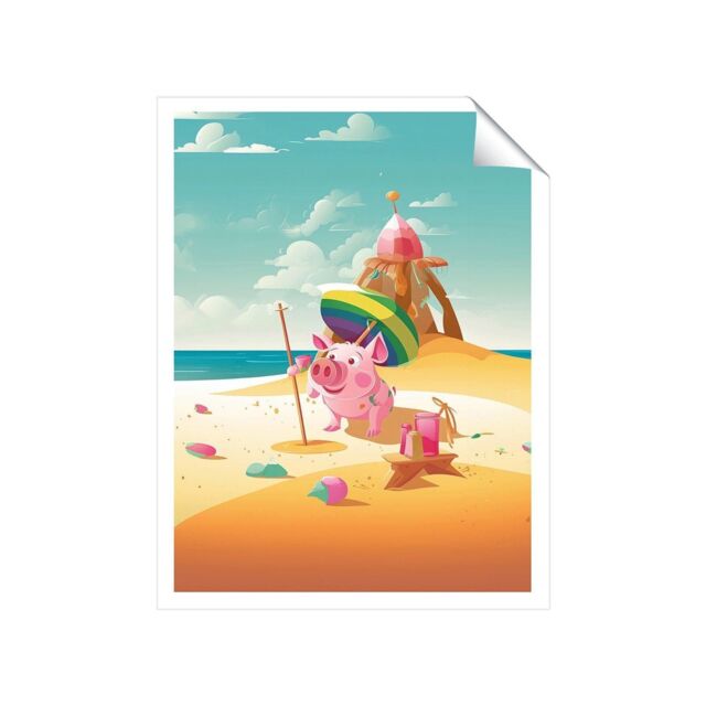 "Warren Reed - Designer Piglet On A Beach Holiday Unframed Art Print - Size: W20"" x H30""" - image 1