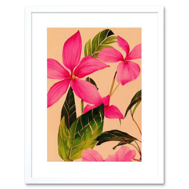 "Artery8 Wall Art Print Exotic Pink Plumeria Flower Plant Blooms Watercolour Pencil Artwork Framed 9X7 Inch in White - Size: W7"" x H9""" - image 1