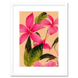 "Artery8 Wall Art Print Exotic Pink Plumeria Flower Plant Blooms Watercolour Pencil Artwork Framed 9X7 Inch in White - Size: W7"" x H9""" - thumbnail 1