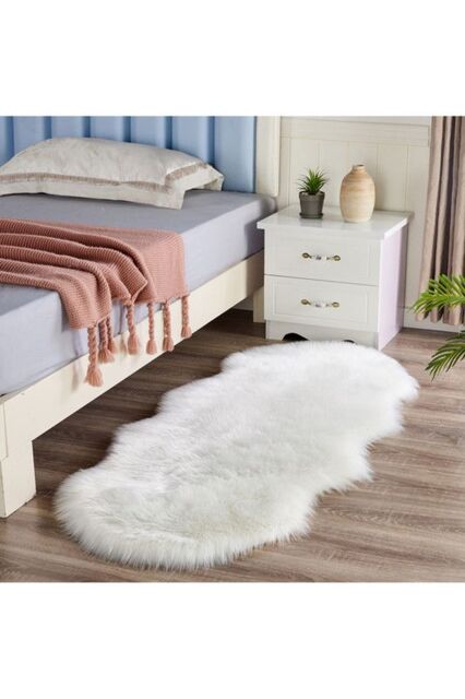 Living and Home 60x150cm Faux Fur Sheepskin Curved Edge Rug for Bed Sofa Floor in White - Size: 60 cm x 150 cm - image 1