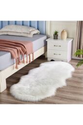 Living and Home 60x150cm Faux Fur Sheepskin Curved Edge Rug for Bed Sofa Floor in White - Size: 60 cm x 150 cm - thumbnail 1