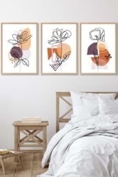 ARTZE Set of 3 Oak Framed Line Art Flowers on Purple Orange Boho Shapes Wall Art - Size: W33 cm x H45 cm x D20mm - thumbnail 1
