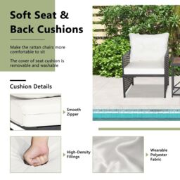 Costway 3 Piece Rattan Conversation Set Patio Wicker Chairs & Coffee Table Set in White - thumbnail 6
