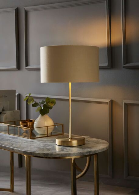 ValueLights Charlie Gold Stem Table Lamp with Fabric Drum with Gold Inner Lamp Shade in Natural - image 1