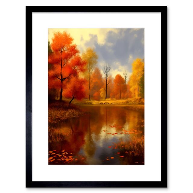 "Artery8 Wall Art Print Autumn on Steroids Oil Painting Trees by Lake Photorealistic Landscape Warm Artwork Framed 9X7 Inch in Black - Size: W7"" x H9""" - image 1