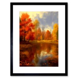 "Artery8 Wall Art Print Autumn on Steroids Oil Painting Trees by Lake Photorealistic Landscape Warm Artwork Framed 9X7 Inch in Black - Size: W7"" x H9""" - thumbnail 1