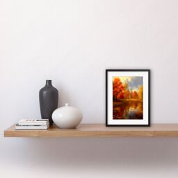 "Artery8 Wall Art Print Autumn on Steroids Oil Painting Trees by Lake Photorealistic Landscape Warm Artwork Framed 9X7 Inch in Black - Size: W7"" x H9""" - thumbnail 2