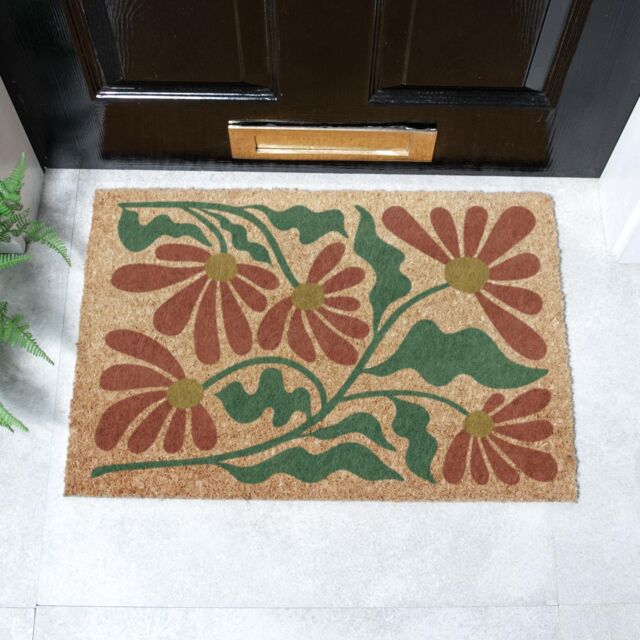 Artsy Mats Red & Green Quirky Floral Pattern Coir Doormat (60 x 40cm) in Brown - Size: 40 cm x 60 cm - image 1