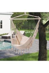 H&O Direct Foldable Canvas Leisure Reading Hammock Chair Hanging Rope Swing with 2 Cushions & Side Pocket for Books, Max 440 Lbs in White - thumbnail 2