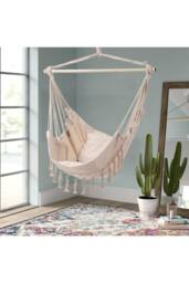 H&O Direct Foldable Canvas Leisure Reading Hammock Chair Hanging Rope Swing with 2 Cushions & Side Pocket for Books, Max 440 Lbs in White